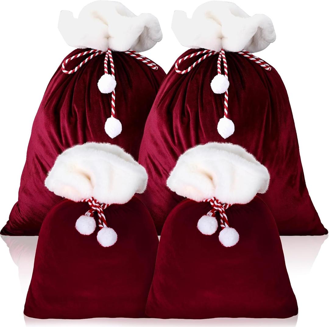 Shappy 4 Pcs Extra Large Velvet Santa Gift Bags Bulk 35 x 28 28 x 20 Luxury Jumbo Gift Sacks with Drawstring Giant Christmas Bags Wrapping for Xmas Toys Santa Costume(Red)