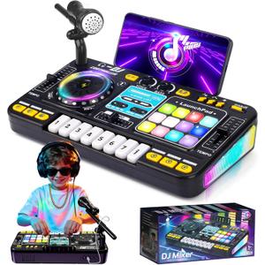 Kids DJ Mixer Controller Table Musical Toy with LED Lights Sound Effect Microphone Piano DJ Mixer Board Music Toys for Kids, Birthday Gift Toys for 3 4 5 6 7 Year Old Boy Girl