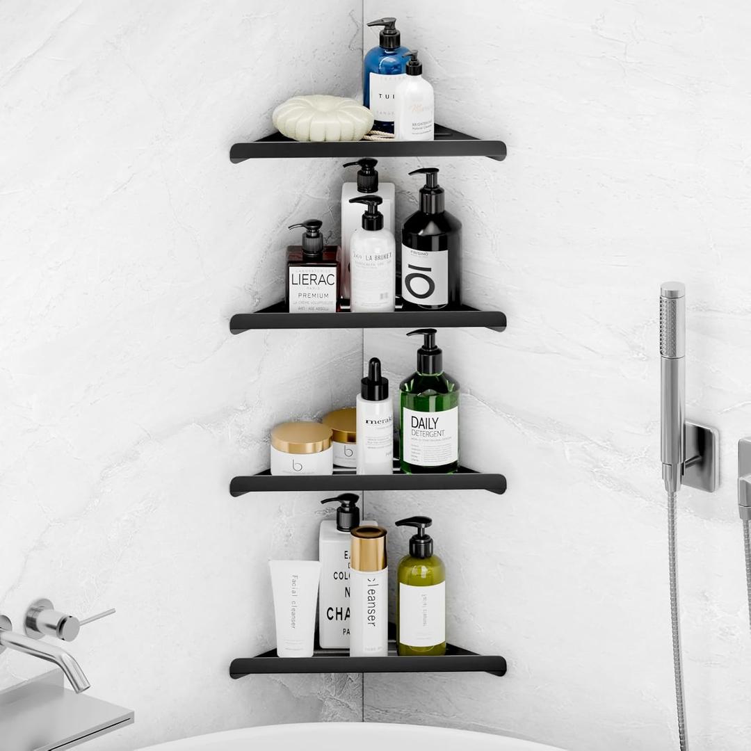 Fikoksol Shower Caddy, 4 Pack Bathroom Corner Shelf, Triangle Shelf Storage for Bathroom Shower, Black Metal Shower Shelf & Rustproof Wall Mounted Adhesive Shower Organizer Accessories and Essentials