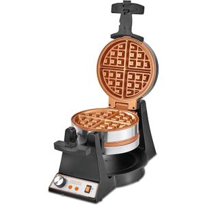CRUX Double Rotating Belgian Waffle Maker, Keto Chaffles Iron with Nonstick PFOA Free Copper Plates for Easy Food Release, Browning Control and Removable Drip Tray, Stainless Steel