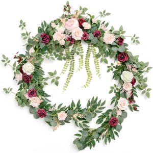 Ling's moment 9FT Spring Flower Garland  Wedding Arch Flowers, Eucalyptus & Rose, Artificial Floral Garland for Mantle  Sweetheart Table Decor for Reception, Backdrop Decorations, Marsala