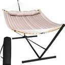 SUNCREAT Double Portable Hammock with Stand, 2 Person Hammock with Curved Spreader Bar, Balance Ropes Included