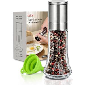 Aelga Pepper Grinder with Silicone Funnel - 4oz Glass Manual Mills with Adjustable Ceramic Core, Refillable Kitchen Gadget