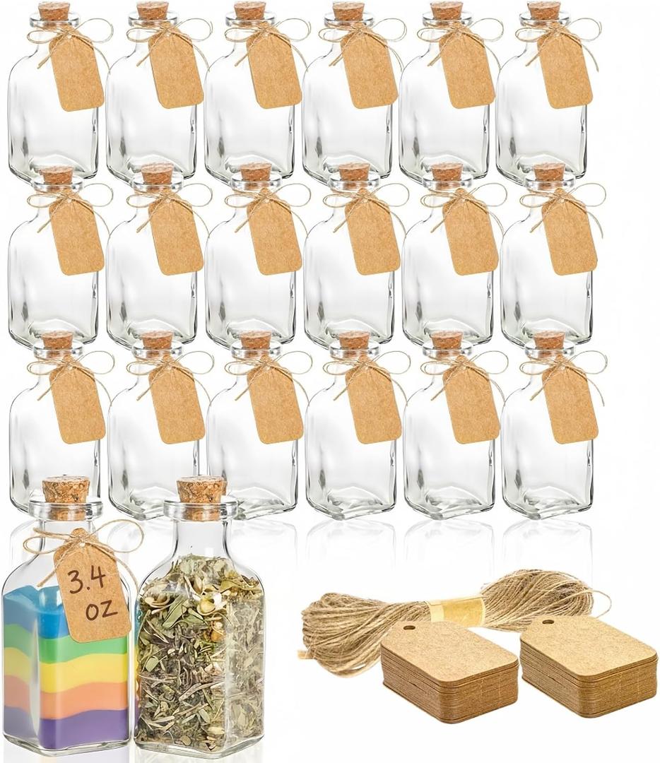 ZOOFOX 20 Pack Glass Bottles with Cork Stoppers, 3.4 oz Small Vintage Style Favor Jars, Clear Empty Cork Bottles for Party Favors, DIY Crafts, Extra Tags and String