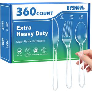 BYSNOW 360 Count Extra Heavy Duty Plastic Silverware, BPA-Free, Heat Resistant, Disposable Clear Plastic Utensils Set, Plastic Cutlery Set, Plasticware Bulk for Parties, Events and Everyday Use