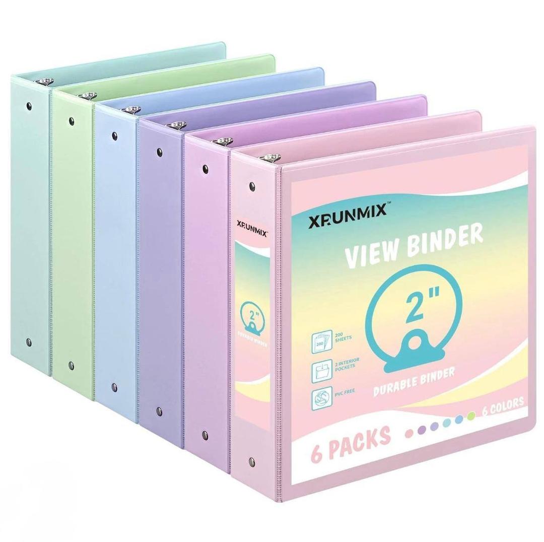 2-inch 3-Ring Binder with Pockets, Basic Binders 2'' Pastel Color Binders, Holds Letter Size 8.5'' x 11'', 450 Sheet Capacity, Bundle 6 Pack for Back to School (2- Inch)