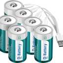 Rechargeable D Size Batteries 6 Pack with USB-C 4 in 1 Charging Cable, 1.5V LR20 Lithium D Cell Battery 5600mWh for Flashlight/Floodlight, Toys