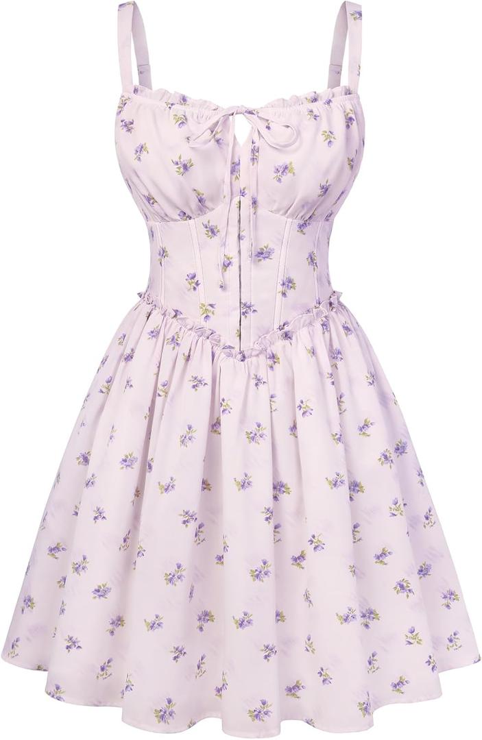Scarlet Darkness Floral Corset Dress for Women 2026 Summer Sundress Lace Up Mini Milkmaid Dresses with Pockets (Large, Light Purple Floral)