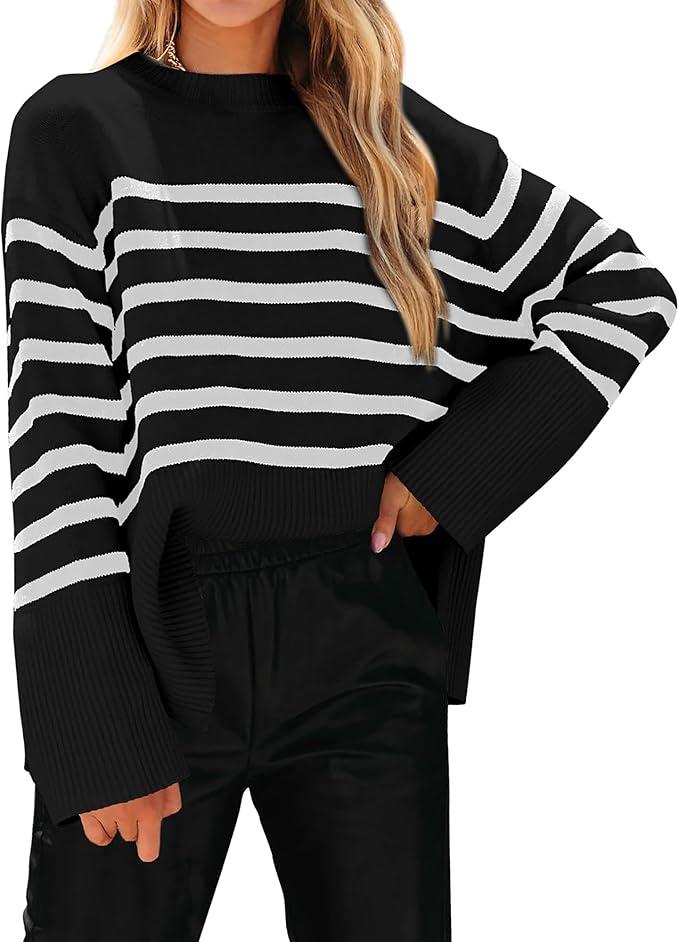 KIRUNDO Women's Striped Knit Oversized Fall Sweaters 2025 Trendy Clothes Crewneck Winter Pullover Sweater Side Split Size S