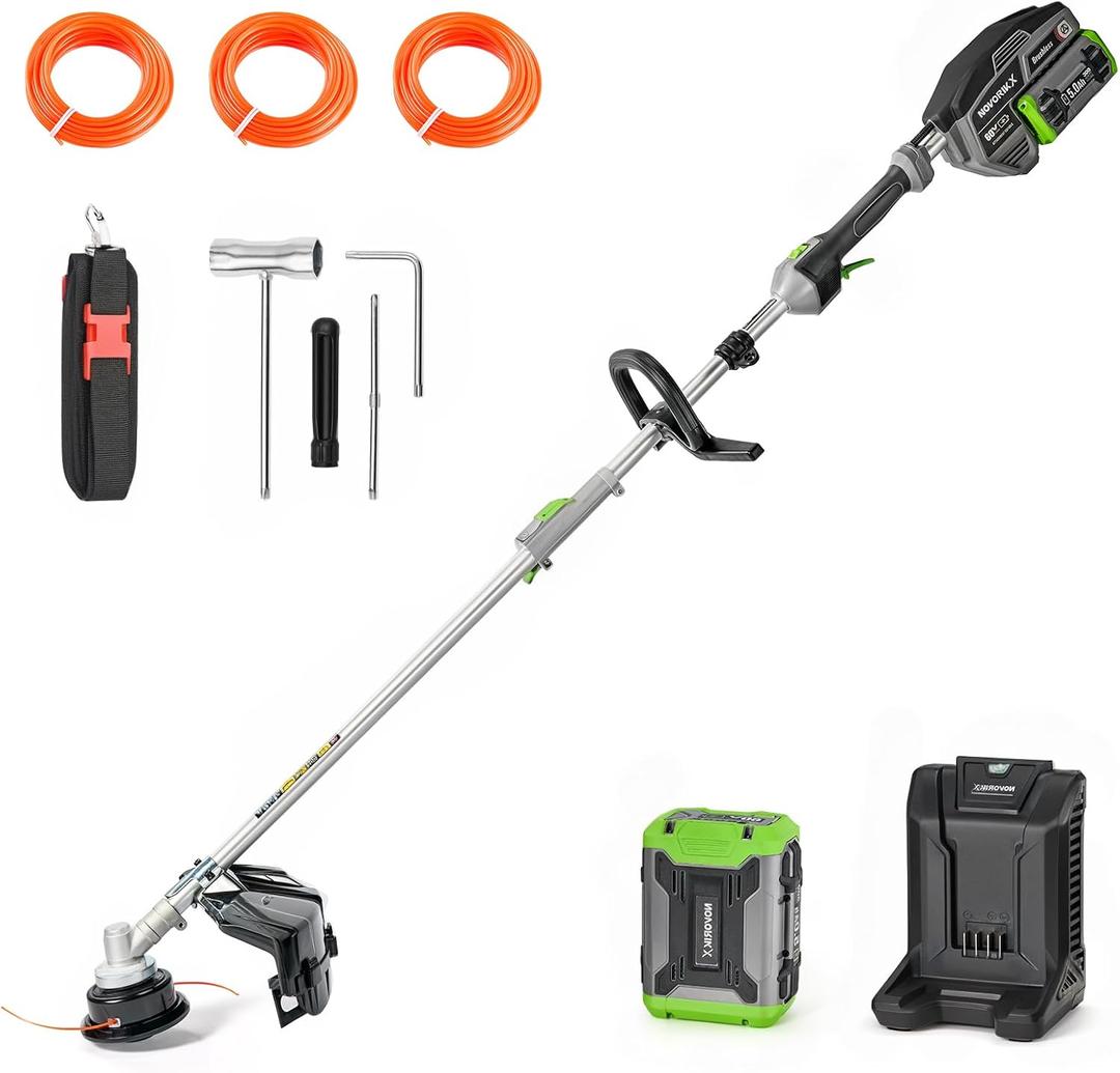 NovorikX 60V Cordless String Trimmer 17" Trimmer Weed Wacker, 2-Speed Brushless Weed Eater, Attachment Capable, 5.0Ah Battery and Charger Included