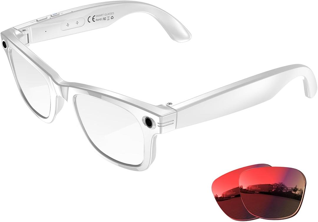 AI Smart Glasses with 8MP Camera, 1080P Video & HD Photo, Bluetooth Audio, AI Voice Assistant, Real-Time Translation, Object Recognition, Noise-Cancel Calls, Music,Photochromic +2 Red Lenses