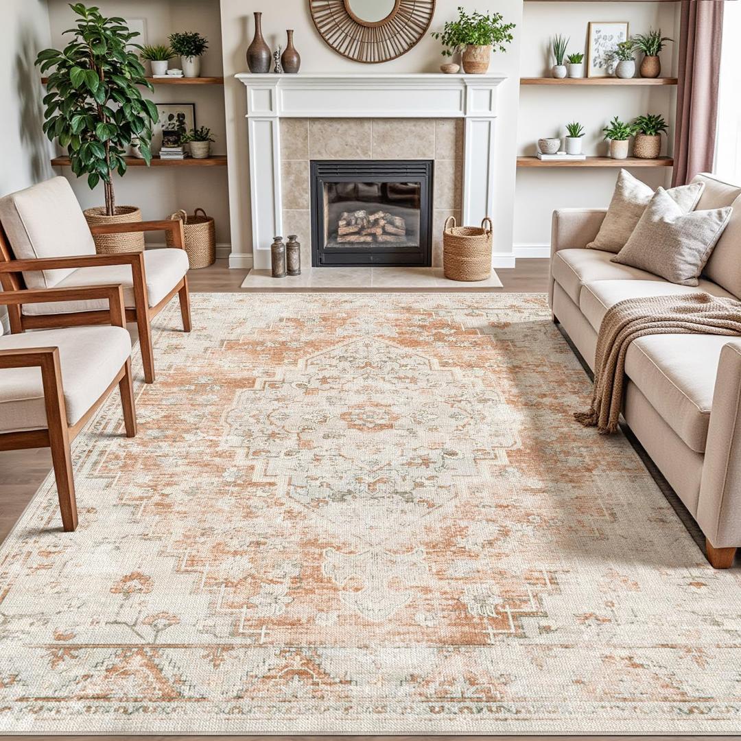 DEXI Area Rugs for Living Room, 8x10 Washable Low Pile Vintage Traditional Rug for Bedroom, Non Slip Large Indoor Carpet for Dining Office Nursery, Orange White