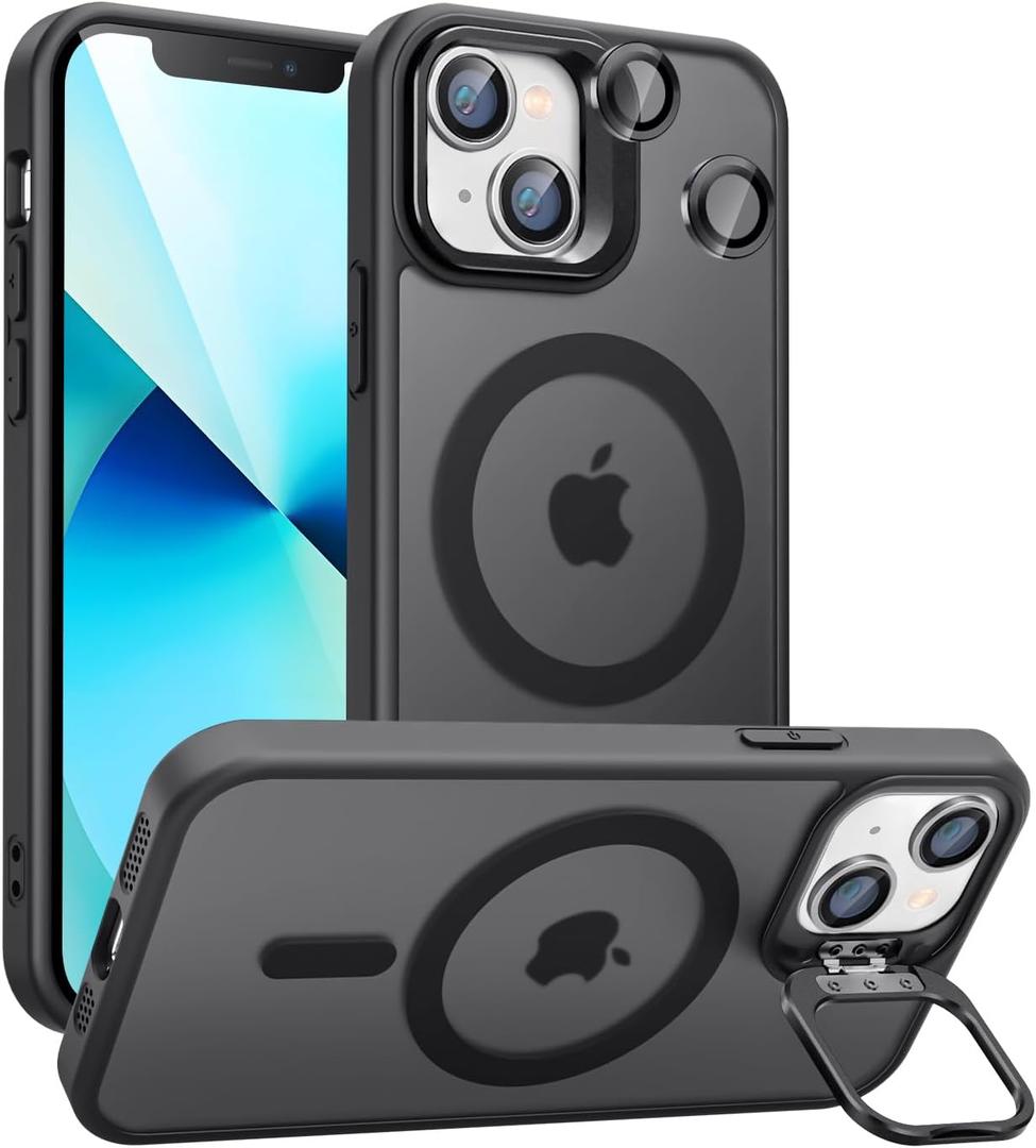 Magnetic for iPhone 13 Mini Case with Stand, Compatible with Magsafe, Military Protection & Camera Lens Protector Translucent Matte Case,Black