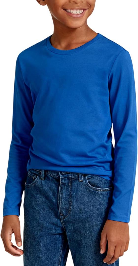 Boys Cotton Long Sleeve Shirts Soft Breathable Crewneck Tees for Kids, Fashion Basic Tops 4-12 Years (Blue, XS)