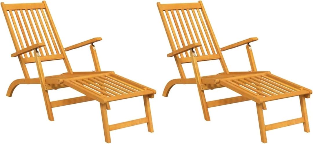 Benjara Outdoor Deck Chaise Chair Set of 2, Acacia Wood, Adjustable, 22 Inch