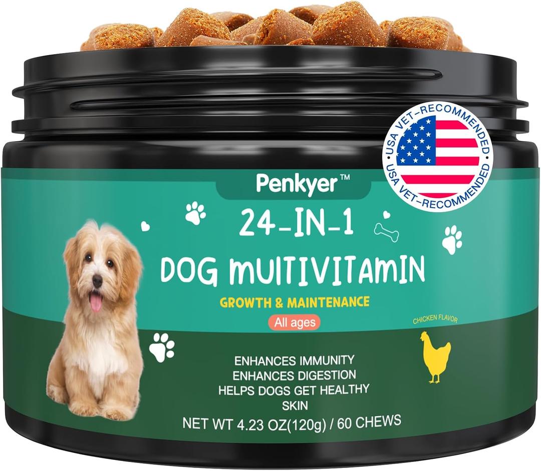 Dog Vitamins and Supplements, Senior & Puppy Multivitamin for Dogs Support with Glucosamine Chondroitin Omega Probiotics - Dog Multivitamins Chewable for Hip & Joint, Skin, Immune - (Chicken 60 Ct) Best Before March 18, 2027