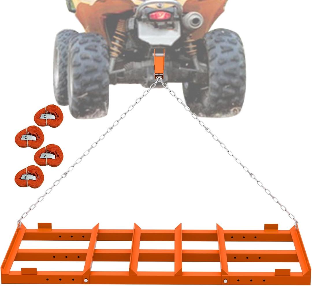 4 Ft Drag Harrow, Heavy Duty Driveway Grader, Tow Behind Lawn Rake with 5 Ft Chain, 4 Safety Belts, 2 Adjustable Bars, Driveway Drag for Gravel, Sand, Lawn, Soil, Hay, ATV, UTV, Mower, Tractor, Orange