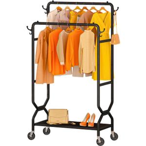 Rolling Clothes Rack Clothing Racks for Hanging Clothes Double Rods 180 lb Load Capacity,Industrial Wheels 2 Brakes, 600D Oxford Cloth Bottom Storage Shelf Black