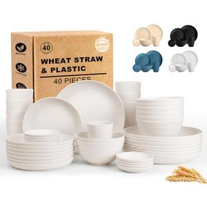Dinnerware Sets for 8, Wheat Straw Plate and Bowl Set, Unbreakable Kitchen Set 40 Piece, Microwave and Dishwahser Safe Plates and Bowls Sets for Apartment, Kitchen, Camping, Dorm - White