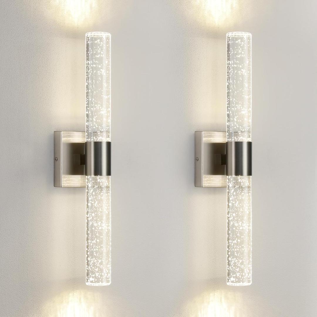 Modern LED Wall Sconces Set of Two - 4000K Dimmable Crystal Bathroom Sconces Wall Lighting Indoor Brushed Nickel Vanity Light Fixture Wall Mount Wall Lights for Bedroom Living Room, 18 Inch, 2-PACK (Hardwired)