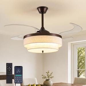 48" Brown Modern Ceiling Fans with Lights Boho Fandelier Retractable Ceiling Fan Light Dimmable Fabric Chandelier Fan for Living Room Dining Room Bedroom