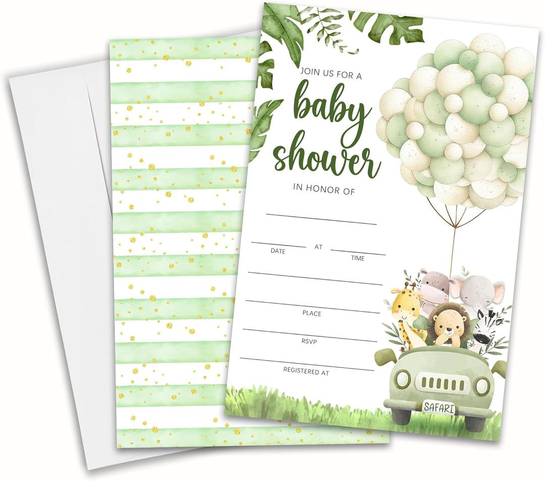 Jungle Baby Shower Invitations, 25 Jungle Animals Theme Invites With Envelopes For Baby Girl, Safari Invitations, Gender Reveal, Baby Shower Favor And Supplies-A05