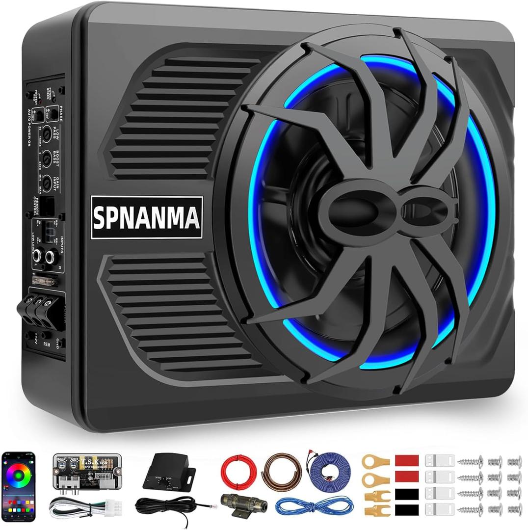 2025 Upgraded 1200W 10"Slim Underseat Car Subwoofer and Amp Package, Advanced Cooling for Thunderous Bass, Built-in Amplifier with Ambient Light & Bass Control Low (Pass/Gain/Boost) Fits Truck