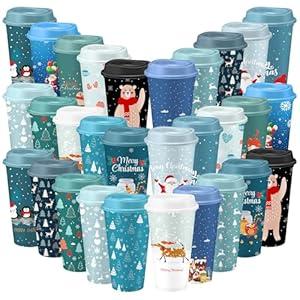 30 Pack Christmas Coffee Cups with Lids 16oz, Reusable Holiday Plastic Tumblers for Hot, Cold Drinks, Festive Xmas Coffee Mugs Gift Set for Women Teachers Friends, Winter Party Cups Supplies(Classic)