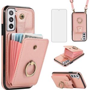 Asuwish Phone Case for Samsung Galaxy S21 5G 6.2 inch Wallet Cell Cover with Tempered Glass Screen Protector and Crossbody Strap Ring Stand RFID Credit Card Holder S 21 21S G5 Women Girls Rose Gold