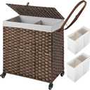 Greenstell Laundry Hamper with Wheels, No Install Needed, 110L Divided Handwoven Hampers & 2 Removable Liner Bags, Rattan Clothes Laundry Basket with Lid & Handles, Foldable Hampers Brown 22x13x26.4In