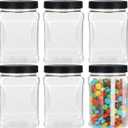 Lawei 6 Pack Clear Plastic Square Jars - 32 Oz Containers with Easy Grip Handles for Dry Goods, Cookies, Candy and More