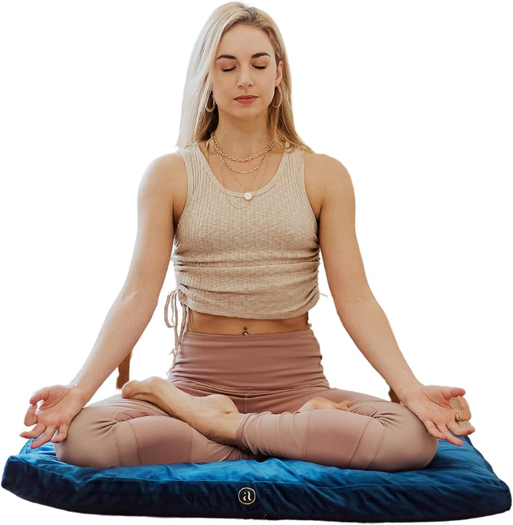 Ajna Velvet Zabuton Meditation Mat - Luxurious Meditation Cushion Floor Pillow - Zabuton meditation cushion Large - 100% Cotton Filling (Sapphire)