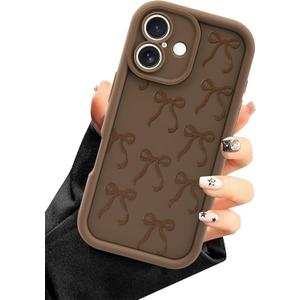 Compatible with iPhone 16 Plus Case, Cute Brown Bow Aesthetic Design for Girls Women Soft Silicone Slim Fit Shockproof Protective Cover