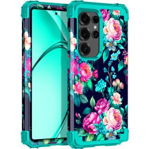 Rancase for Galaxy S25 Ultra Case,Three Layer Heavy Duty Shockproof Protection Hard Plastic Bumper +Soft Silicone Rubber Protective Case for Samsung Galaxy S25 Ultra 5G,Glow in The Dark-Cyan Rose