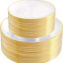 PULOTE 100PCS Clear and Gold Plastic Plates - Heavy Duty Clear Disposable Plastic Plates With Gold Trim for Wedding&Party Include 50 Dinner Plates, 50 Dessert Plates