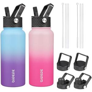 BJPKPK 2 Pack Insulated Water Bottles with Straw Lids, 32oz Stainless Steel Metal Water Bottle with 6 Lids, Leak Proof BPA Free Thermos, Cups, Flasks for Travel, Sports (Cherry+Ocean Dream)