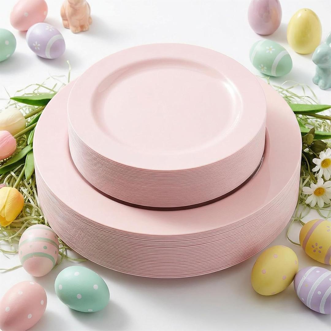 FLOWERCAT 60PCS Pink Plastic Plates - Heavy Duty Pink Plates Disposable for Easter Party&Mother's Day/Wedding - serving 30 guests Include 30PCS 10.25inch & 30PCS 7.5inch