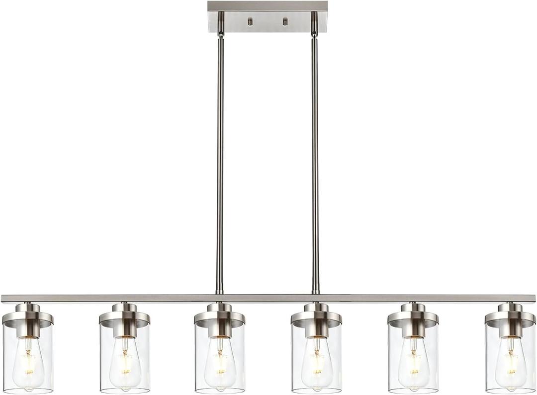 6 Light Pendant Lights Kitchen Island,Brushed Nickel Farmhouse Island Lighting Fixture Clear Glass Shade Pendant Lighting for Living Room Hallway Bedroom Dining Hall Office Bar
