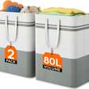 Lifewit 2 Pack 80L Large Freestanding Laundry Hamper, Collapsible Laundry Basket with Easy Carry Handles, Waterproof Tall Clothes Hamper for Laundry Dorm Bedroom Bathroom, Grey-White