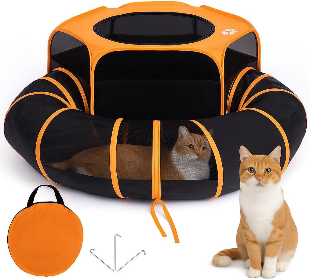 Cat Tent & Tunnel Enclosure 47" Outdoor Playpen with 106" Tunnel, Water-Resistant Mesh, Zipper Door & Carry Bag Portable Catio for Cats, Rabbits & Small Pets