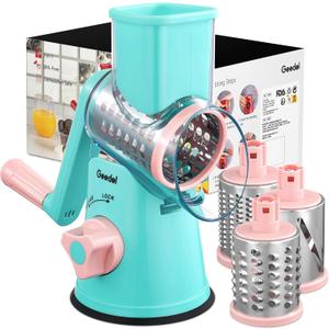 Geedel Rotary Cheese Grater, Kitchen Mandoline Vegetable Slicer with 3 Interchangeable Blades, Easy to Clean Rotary Grater Slicer for Fruit, Vegetables, Nuts (Tiffany)