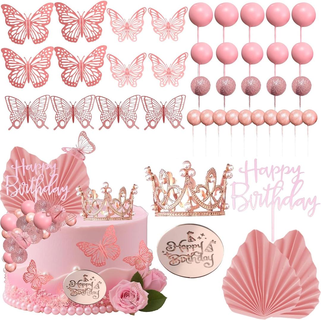 42 Pcs Crown Cake Topper Pink Balls Happy Birthday Cake Decorations Butterfly Crown Themed Cake Toppers for Wedding Baby Shower Party Decorations