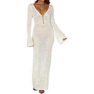 Leoparts Crochet Swimsuit Cover Up for Women Sexy V Neck Hollow Out Backless Maxi Dress Beach Bikini Coverup Dresses, M/L