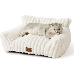 COZY KISS Cute Cat Couch, Fluffy Sofa Bed for Cats and Small Dogs, Premium Faux Rabbit Fur Cats beds for Indoor Cat, Ultra-Soft Supportive Pet Couch Furniture (Cream, S: 25.5''x17.5'')