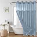 Boho Farmhouse No Hook Shower Curtain Set with Snap-in Fabric Liner, Heavy-Duty Linen Textured Rustic Striped Design, Water-Repellent with Tassels and Sheer Window, Blue, 71x74 inches