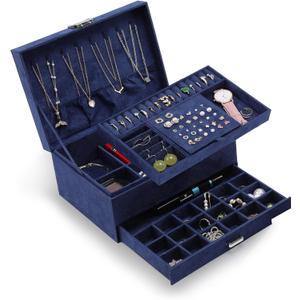 Jewelry Organizer Box for Women Girls, VintageJewelry Box 3-Tier Jewelry Display Case and Organizer,Lockable Jewelry Display Case Anti Tarnish,Varying Compartments for Bracelets, Rings (Blue)