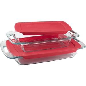 Pyrex Easy Grab 4-Piece Value Pack, includes 1-ea 3-qt Oblong, 2-qtOblong, Red Plastic Cover
