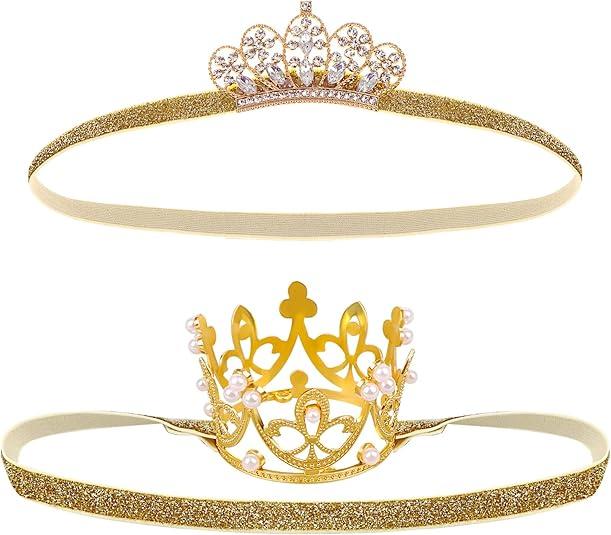 Golden Crystal Crown Headband for Little Girls - Baby Tiara, Princess Tiara, Birthday Crown - Elastic Hair Band for Photography, Parties & Gifts
