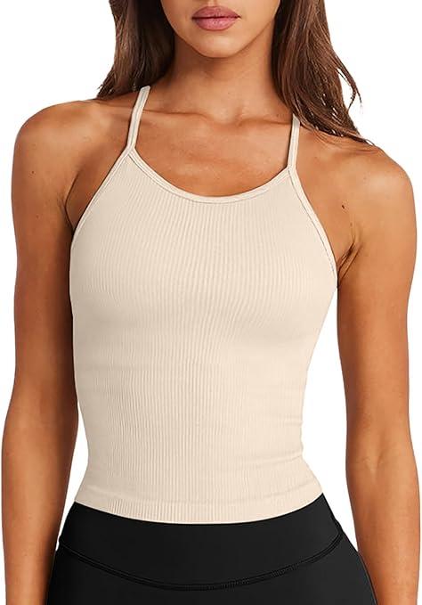 Womens Sports Bra Seamless Long Crop Tank Racer Back Spaghetti Strap Workout Yoga Bra Padded Halter Neck Casual Tops Small, Beige 