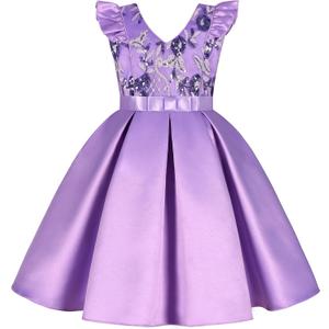 Knee-Length Girls Dress Sloping Shoulder Bridesmaid Wedding Princess Children's Bow Birthday Ball Party (7-8 Years, Lavender 1)